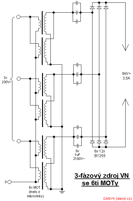 The schematic of the three-phase high voltage supply with 6 MOTs
