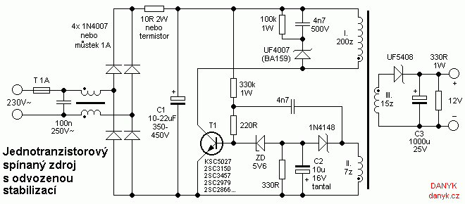 schéma jednoduchého jednotranzistorového impulzního zdroje s odvozenou stabilizací