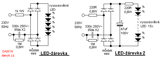 Schematic of LED-bulbs for 230V 50Hz line with 20mA LEDs.