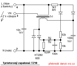 Schéma tyristorového zapalovače (startéru) TZ10, určeného k zapalování sodíkových a halogenidových výbojek 50-70W.